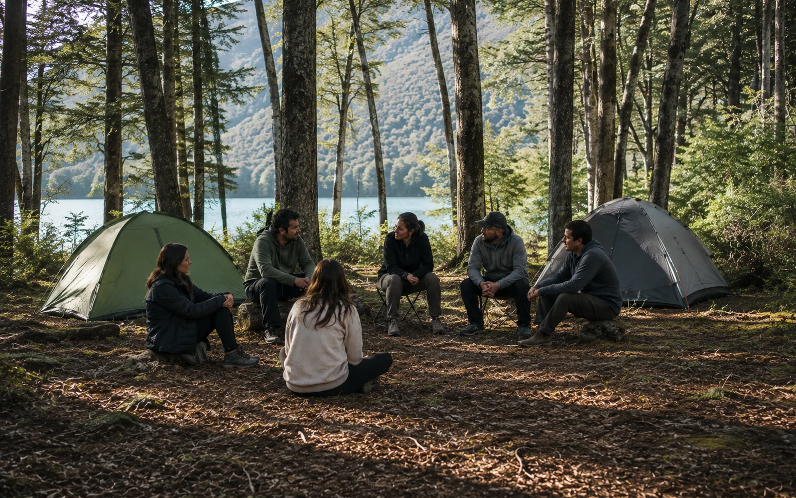Imagen fotográfica ilustrativa de un campamento en un bosque andino junto a un lago, inspirado en Bariloche.
