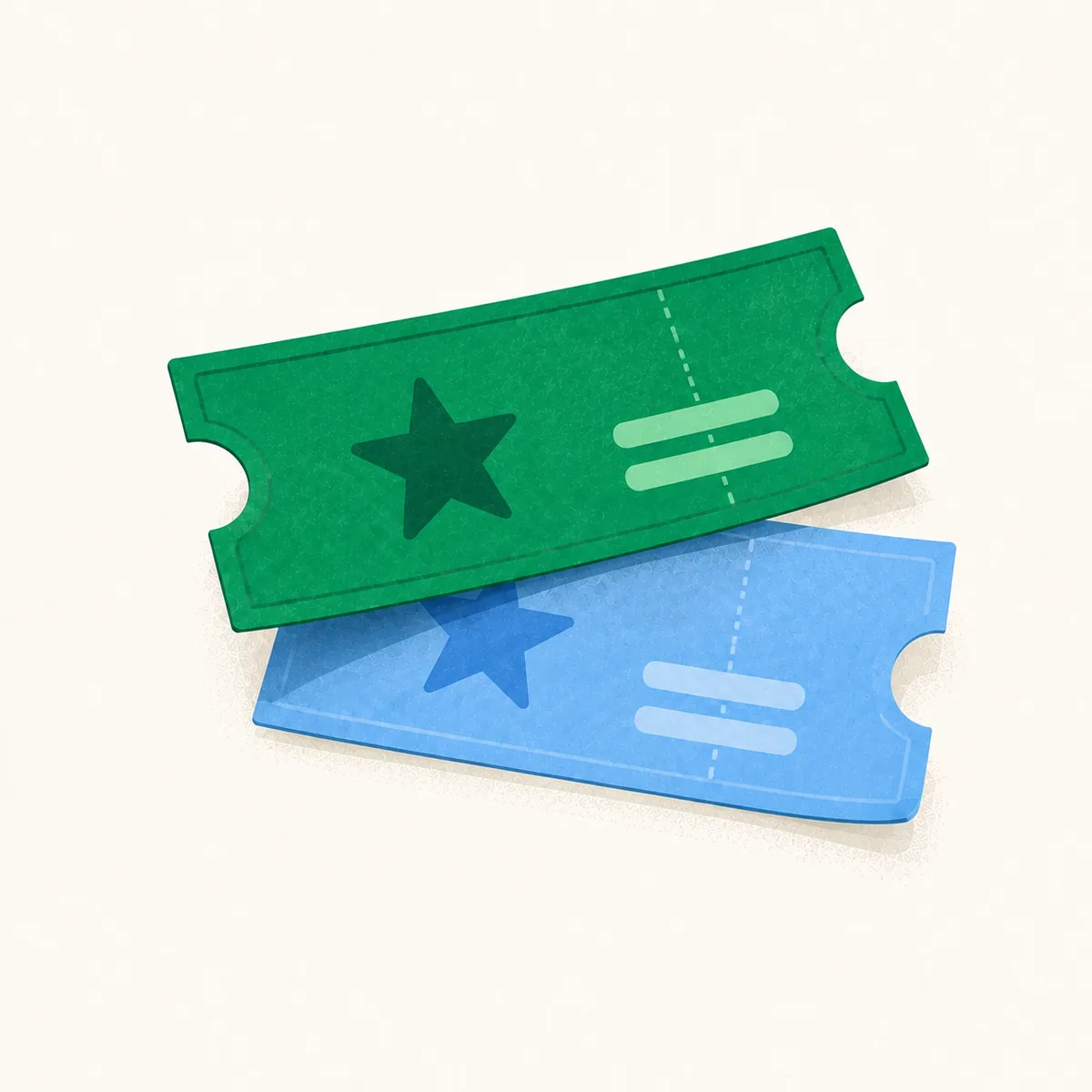 Dos entradas de evento ilustradas en perspectiva, en verde y celeste.