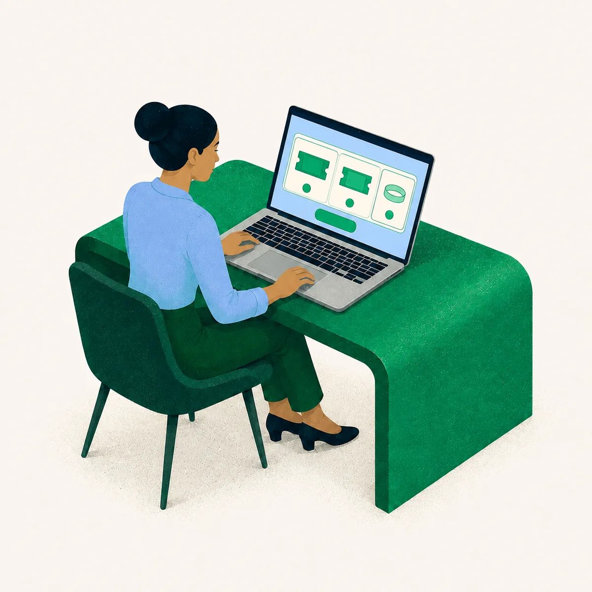 Ilustración de una organizadora configurando un combo de entradas y adicionales en una laptop.