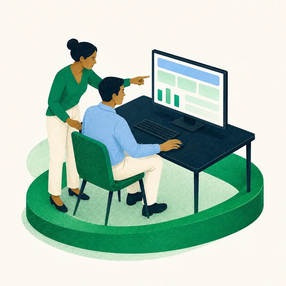Ilustración de dos organizadores consultando un dashboard en una computadora.